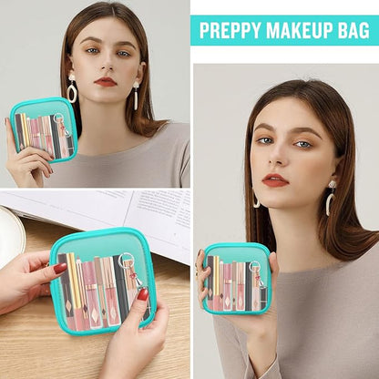 Mini Clear Travel Makeup Organizer Bag for Purse, Small Cute Preppy Makeup Bag Cosmetic Zipper Pouch Purse, Transparent PVC & Nylon Waterproof Travel Toiletry Storage Clutch for Women Men Girls(Mint)