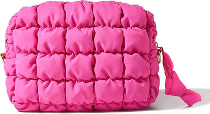Yarnic Quilted Makeup Bag Cosmetic Bag, Travel Toiletry Bag for Women, Cute Makeup Bag Organizer Hot Pink Puffer Makeup Pouch (M, Hot Pink)