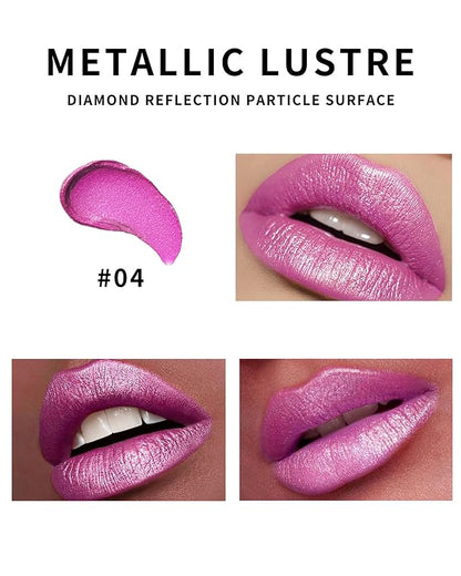 Metallic Glitter Pink Lipstick Long Lasting,Diamond Shimmer Liquid Lipstick Transfer Proof Non-Stick Nude Lip Gloss,High Pigmented Lip Color Creamy Lip Stick Makeup for Women-04