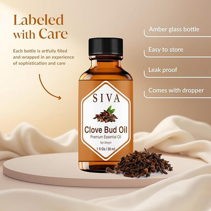 Siva Clove Bud Essential Oil - 1 Fl Oz – 100% Natural Clove Bud Oil - for Diffuser, Face, Skin Care, Aromatherapy, Hair Care, Scalp and Body Massage - with Dropper
