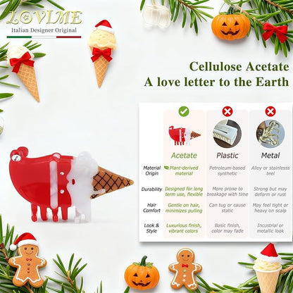 Original Italian Designed Mini Christmas Hair Claw Clips for Women, Strong Grip Plant-Based Acetate Hair Clips for Girls, Cute Santa Ice Cream Hair Accessories with Gift Box 1pcs