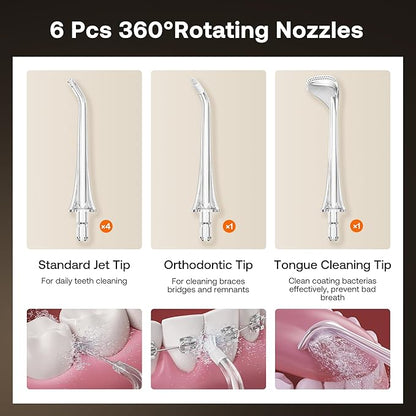 Bitvae Water Dental Flosser Teeth Pick, Cordless Flosser for Travel with 6 Jet Tips, 3 Modes 5 intensities, IPX7 Waterproof Portable & Rechargeable Oral Irrigator Cleaner, Purple