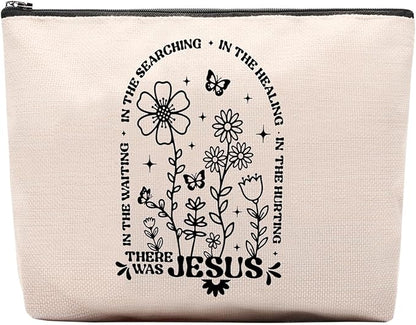 Boho Floral Christian Makeup Bag, Christian Gifts for Women, Bible Stuff Prayer Supplies, There Was Jesus Cosmetic Bag Pouch
