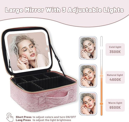 Portable Travel Cosmetic Bag with LED, 3-color Adjustable Cosmetic Organizer, Women's Cosmetic Case, Mirror Makeup Bag Case Rechargeable (Pink)