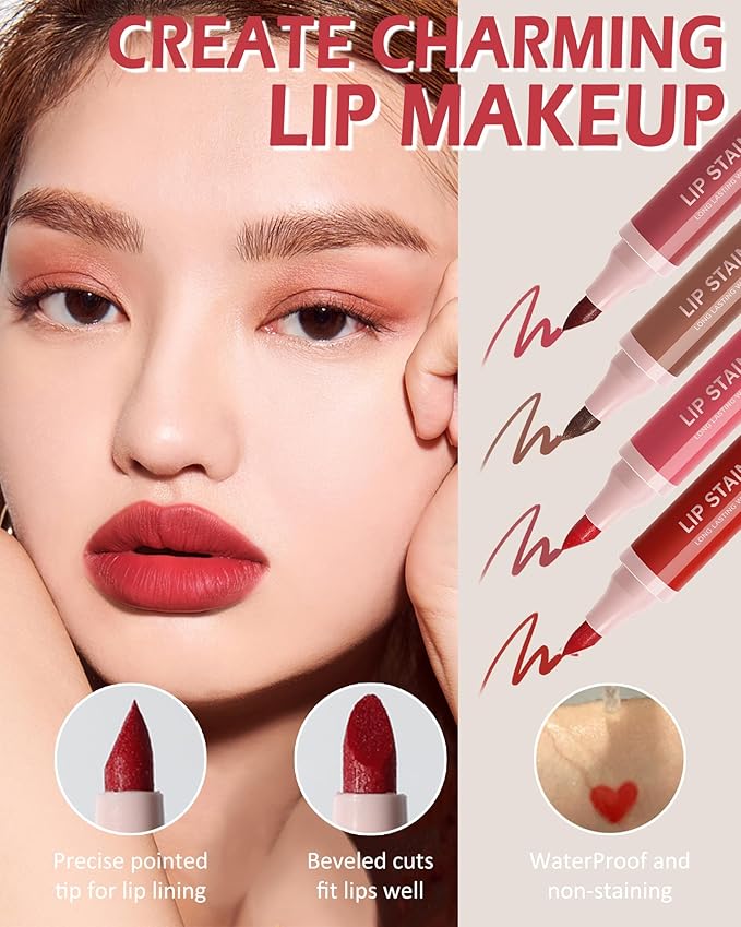 Lip Stain Liner Pen Set-4 Pcs Hydrating Lip Stain Lip Liner Pencil Kit,Longlasting Waterproof Smudgeproof Matte Color Look,Precise Chisel Tip Smooth,Christmas Makeup Gift Kit for Women Girl