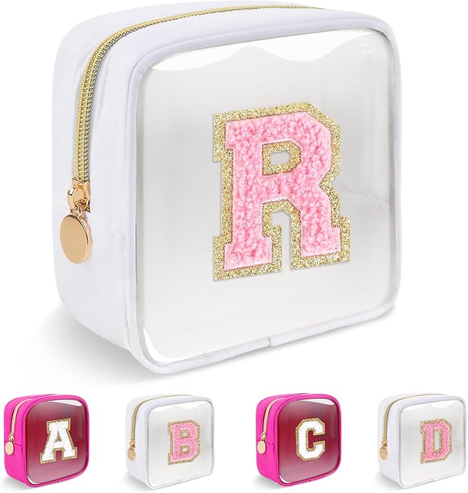 Personalized Initial Letter Clear Preppy Makeup Bag,Mini Nylon Chenille Letter Cosmetic Bag Cute Zipper Pouch Purse for Teen Girls,Portable TSA Approved Beach Travel Essentials Bag Gift for Women,R