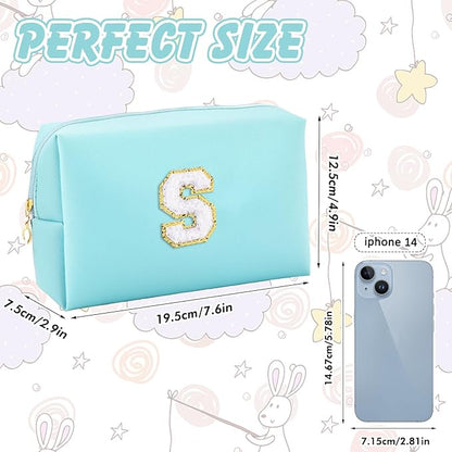 Gifts for Girls Initial Makeup Bag Personalized Cosmetic Bag with Zipper Cute Travel Toiletry Bag Waterproof PU Preppy Makeup Pouch Birthday Gift for Teen Girls Women(Blue S)