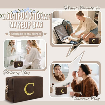 Personalized Initial Makeup Bag,Preppy Suede Cosmetic Bag for Teen Girls,Small Monogram Travel Toiletry Bag With Gold Embroidered Letter,Trendy Stuff Custom Christmas Gift for Women(Coffee-C)