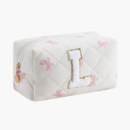 Gleyemor Personalized Initial Makeup Bag for Women, Cute Quilted Pink Floral Cotton Cosmetic Bag, Christmas Gifts for Her Mom Friend Sister Bridesmaid Teacher Women L