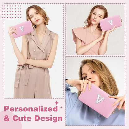 ChaoGreat Bride Gifts – Personalized Initial Makeup Bag with Pearl Rhinestone Patch, Preppy Pink Monogram Cosmetic/Toiletry Pouch, bridesmaid Gifts, Bridal Shower Gifts, Wedding Gifts, Bridal Gifts,V