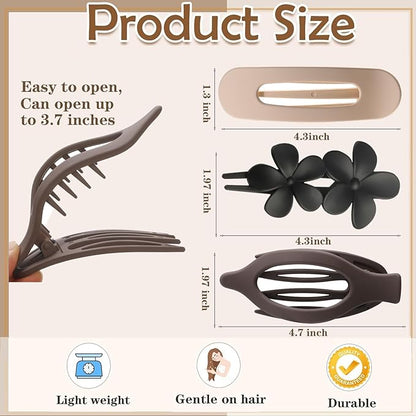 6 PCS Flat Hair Clips, French Lay Flat Claw Clips for Women Girls, 3 Styles Strong Hold Non-slip Matte Hair Claws for Thin Thick Hair(Brown&White)