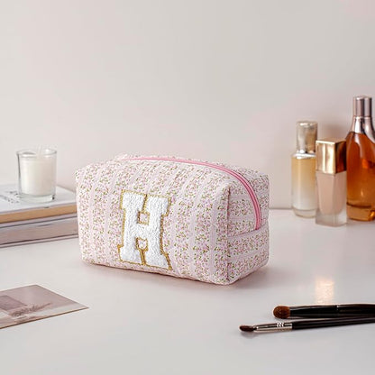 JOVAKIT Makeup Bag Cosmetic Bags for Women, Christmas Gifts for Girls Age 6-18, Alphabet Pink Floral Coquette Zipper Travel Makeup Pouch, Organizer Case Trendy Stuff (Pink Floral H)