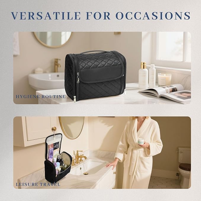 Inmorven Makeup Bag for Women with Hanging Hook - Portable Cosmetic Case, Large Portable Capacity Travel Hanging Toiletry Bag Organizer Case for Toiletries and Cosmetics, Black