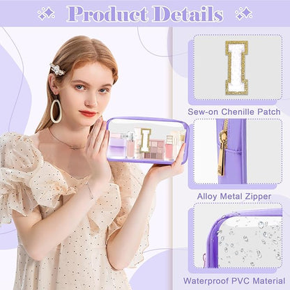 Personalized Initial Letter Clear Makeup Bag,Preppy Small Nylon&PVC Cosmetic Zipper Bag with Chenille Letter,Travel Skincare Toiletry Bag,Monogram Christmas Gift for Teen Girls Women,I