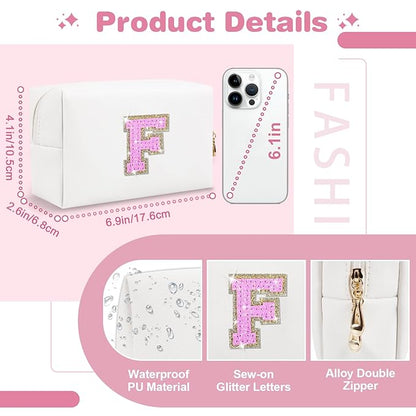Small Initial Patch Makeup Bag Personalized Gifts Make Up Bag,White Cute PU Leather Glitter Letter Cosmetic Bag with Zipper,Trendy Portable Travel Toiletry Pouch,Preppy Stuff for Teen Girls Women F