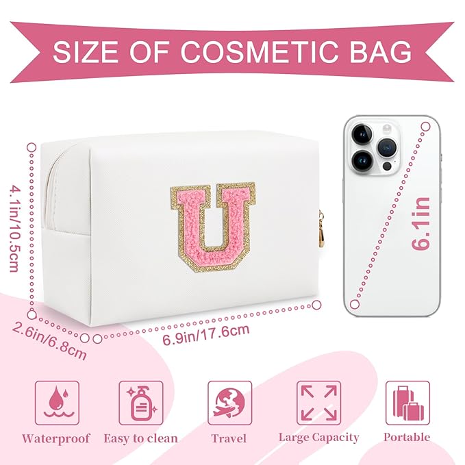 Personalized Makeup Bag Initial A-Z Preppy Patch Bag,Small PU Leather Travel Cosmetic Bag Pouch with Zipper,White Cute Toiletry Bag,Gift Ideal for Teen Girls Women Birthday Friend Mom,Letter U
