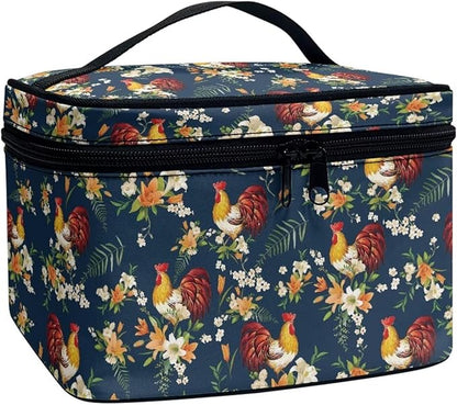 JoyLamoria Chicken Floral Toiletry Bag Case Durable Cosmetic Bag Makeup Box Zipper Pouch