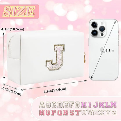 Initial Letter Patch Makeup Bag, Small Preppy A-Z Glitter Letter Cosmetic Bag, PU Leather Waterproof Travel Toiletry Bag, Cute Make Up Pouch Personalized Monogrammed Gift for Women Teen Girls