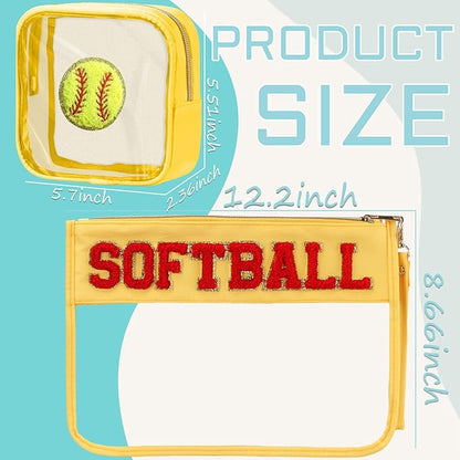 2 Pcs Softball Gifts Makeup Bag with Chenille Letter Patch, Clear Cosmetic Pouch PVC Organizer Purse, Waterproof Travel Bag, Portable Toiletry Storage Bag for Her Girls Friends Women