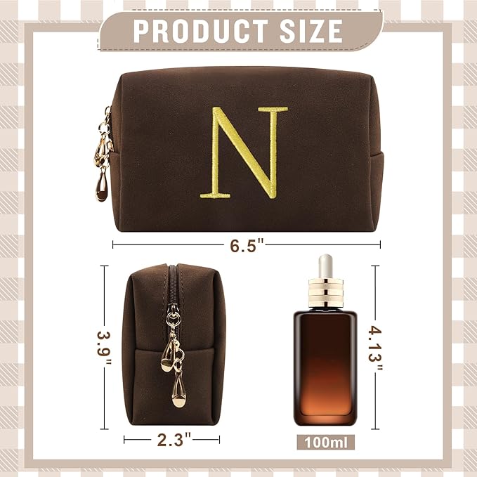 Personalized Initial Makeup Bag,Preppy Suede Cosmetic Bag for Teen Girls,Small Monogram Travel Toiletry Bag With Gold Embroidered Letter,Trendy Stuff Custom Christmas Gift for Women(Coffee-N)