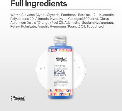 Vita A & Collagen Rich Toner 200ml/6.76 fl.oz - Anti-Aging Retinol Face Toner with Marine Collagen & Panthenol for Fine Lines, Wrinkles, Elasticity & Deep Hydration, Korean Skincare