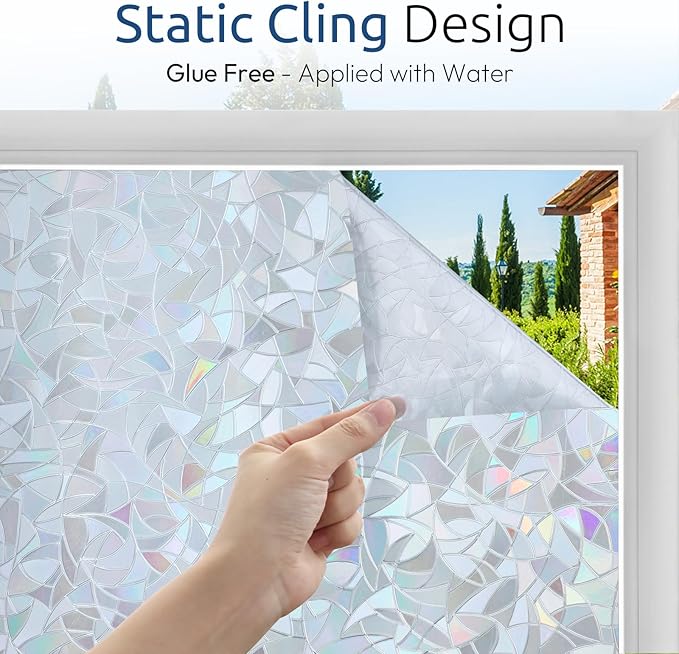 rabbitgoo Window Privacy Film Rainbow Film Decorative Window Sticker, 3D Static Stained Glass Cling Tint for Home Heat Control Non-Adhesive, Grayish Silver, 29.5 x 157.4 inches