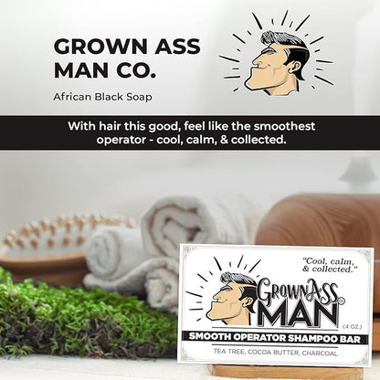 Grown Ass Man Co. - Solid Shampoo Bar Rich Lather 3 in 1: Hair, Beard & Body Wash - Plastic Free & Eco-Friendly, Natural & Organic Clean for All Hair Types, 4oz Bar (Smooth Operator, 3-Pack)