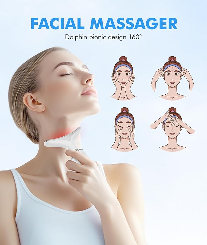 Red-Light-Therapy-for-Face-and-Neck, 7 Color Face Massager Tool for Wrinkles, Double Chin, Vibrating Facial Massager with Thermals for Skin Care, Glossy White