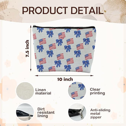 Coquette Blue Bow American Flag Makeup Bag, Red White and Blue Patriotic Cosmetic Bags Gifts for Women, Preppy Girly Portable Travel Toiletry Bag Zipper Makeup Pouch