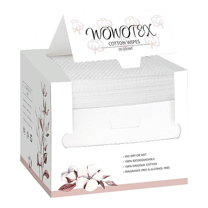 100% Cotton Disposable Face Towel 50 Count 10x12 Inch | Biodegradable Thick Soft One Time Use Dry Wipes for Sensitive Skin, Baby Care, Facial Cleaning, Makeup Removal