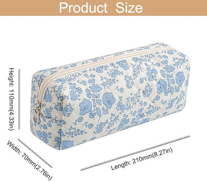 Cute Floral Cotton Makeup Brush Cosmetic Bag for Women, Travel Quilted Zipper Make Up Bag, Flowers Toiletry Organizer Case Kawaii Makeup Cosmetic Travel Cloth Pouch (Blue+Pink Bowknot)