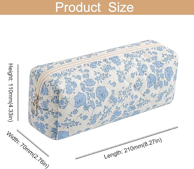 Cute Floral Cotton Makeup Brush Cosmetic Bag for Women, Travel Quilted Zipper Make Up Bag, Flowers Toiletry Organizer Case Kawaii Makeup Cosmetic Travel Cloth Pouch (Blue+Red Floral)