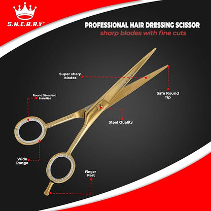 Professional Barber Shears 6” – High Carbon Stainless Steel Hair Cutting Scissors with Razor Sharp Edge for Salon & Home Use by S.H.E.R.R.Y (Gold, 6 inches)