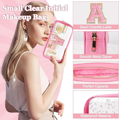 Small Clear Personalized Initial Makeup Bag,Nylon Preppy A-Z Chenille Letter Patch Cosmetic Pouch Beach Toiletry Bag,Waterproof Zipper Travel Purse Storage Bag Organizer for Women Girls(Pink-Pink A)