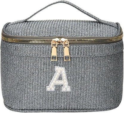EURYNOME Sparkling Monogram Makeup Bag - Water-Resistant Travel Cosmetic Organizer (8.3x5.1x5.1 Inch) for Women, Custom Letter A Design