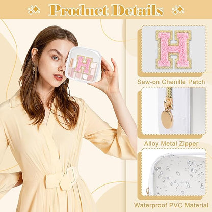 Personalized Initial Letter Clear Preppy Makeup Bag,Mini Nylon Chenille Letter Cosmetic Bag Cute Zipper Pouch Purse for Teen Girls,Portable TSA Approved Beach Travel Essentials Bag Gift for Women,H