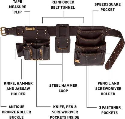 Ox Pro Drywall Tool Belt - 22-Pocket Leather Tool Belt Pouches - Belt (XL) Made of Oil-Tanned Leather with Double-Stitching and Steel Rivets - OX-P263806