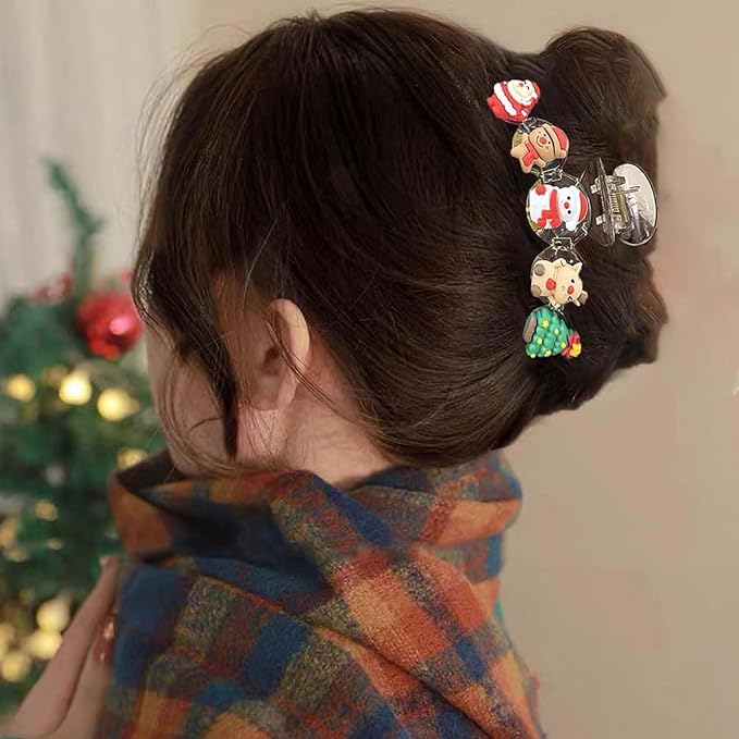 1pcs Christmas Hair Clips - Cute Tree Reindeer Snowmen Claw Clips, Transparent Hair Accessories with Santa Claus Gingerbread Man Designs, Christmas Large Size Hairpin for Xmas Hairstyle Decor