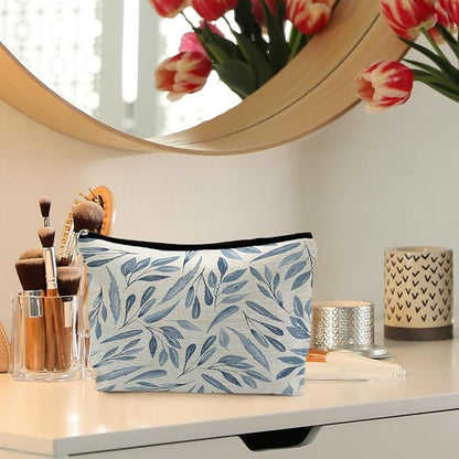 Blue Floral Makeup Bag Pouch, Blue and White Chinoiserie Makeup Pouch, Floral Cosmetic Bag, Boho Botanical Leaves Cosmetic Bag for Women