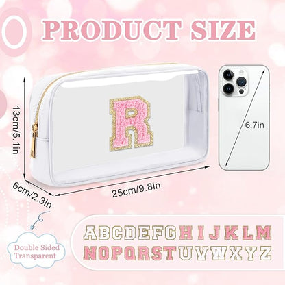 Small Clear Personalized Initial Makeup Bag,Nylon Preppy A-Z Chenille Letter Patch Cosmetic Pouch Beach Toiletry Bag,Waterproof Zipper Travel Purse Storage Bag Organizer for Women Girls(White-Pink R)
