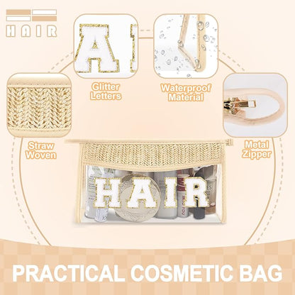 Small Boho Straw Clear Hair Makeup Bags for Women&Girls, Zipper Cosmetic Bag Chenille Varsity Letter Patch Bag, Preppy Cute Toiletry Pouch, Trendy Organizer Storage Bag for Beach Travel Essentials