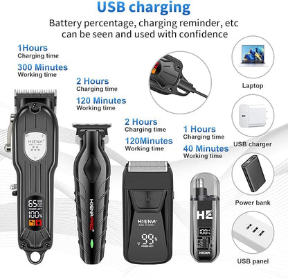 HIENA PRO Professional Cordless Hair Clipper for Men, Electric Foil Shavers and Beard Trimmers, Ear, Nose Hair Trimmer Set, Rechargeable Barber Kit and Hair Cutting Set, Facial Grooming Kit