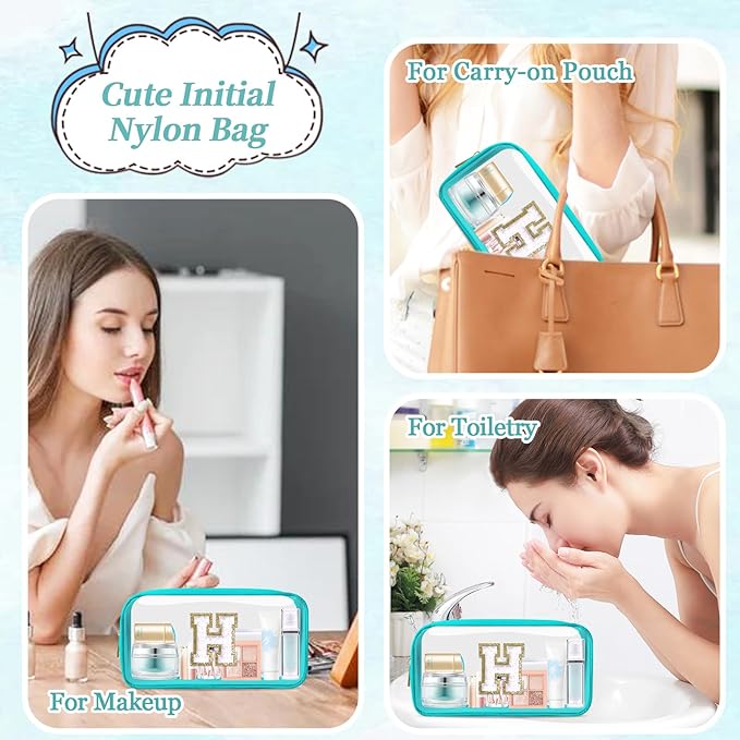 Small Clear Personalized Initial Makeup Bag,Nylon Preppy A-Z Chenille Letter Patch Cosmetic Pouch Beach Toiletry Bag,Waterproof Zipper Travel Purse Storage Bag Organizer for Women Girls(Cyan-White H)