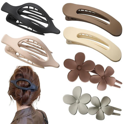 6 PCS Flat Hair Clips, French Lay Flat Claw Clips for Women Girls, 3 Styles Strong Hold Non-slip Matte Hair Claws for Thin Thick Hair(Black&White)