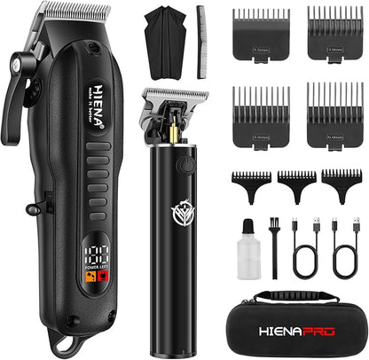 HIENA PRO Professional Hair Clippers Set for Men Cordless Hair Cutting Kit Barber Kit Rechargeable Clippers and Trimmers Set Clipper Set for Barbers with LED Display, Gifts for Men, (Black)