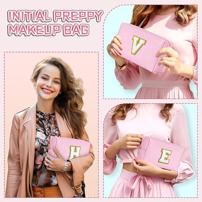 TOPEAST Cosmetic Travel Bags for Women, Preppy Small Makeup Bag, PU Leather Waterproof Toiletry Bag, Unique Friendship Gifts for Friends Coworker, Cute Stuff for Girls (Pink R)