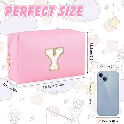 Initial Makeup Bag Personalized Preppy Travel Small Cosmetic Bag Cute PU Pink Chenille Letter Makeup Pouch for Purse Waterproof Zippered Toiletry Organizer for Women Girls Kids Friends (Y)