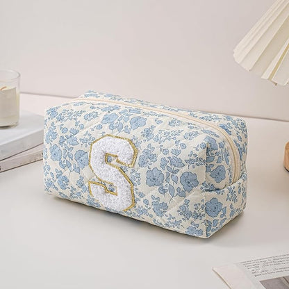 JOVAKIT Makeup Bag Cosmetic Bags for Women, Christmas Gifts for Girls Age 6-18, Alphabet Pink Floral Coquette Zipper Travel Makeup Pouch, Organizer Case Trendy Stuff (Pink+ Blue S)
