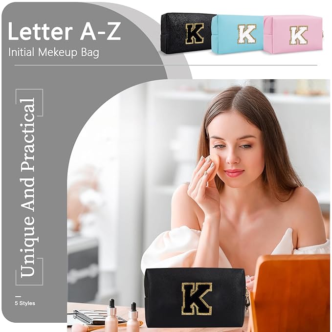 Personalized Initial A-Z Preppy Patch Makeup Bag,Small PU Chenille Letter Cosmetic Bag with Zipper for Teen Girls,Black Cute Toiletry Organizer Bag,Monogram Makeup Case Gift for Women Girls,Letter K