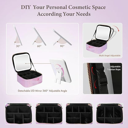 Travel Makeup Bag with LED Lighted Mirror, Cosmetic Makeup Organizer Bag with 3 Color Setting, Makeup Train Case with Adjustable Dividers for Women Makeup Brushes Jewelry Accessories